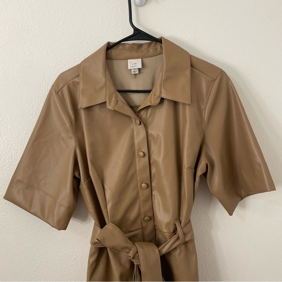 A New Day NWOT Faux Leather Mini Dress With Belt Size Medium Pockets Collar - Picture 6 of 8